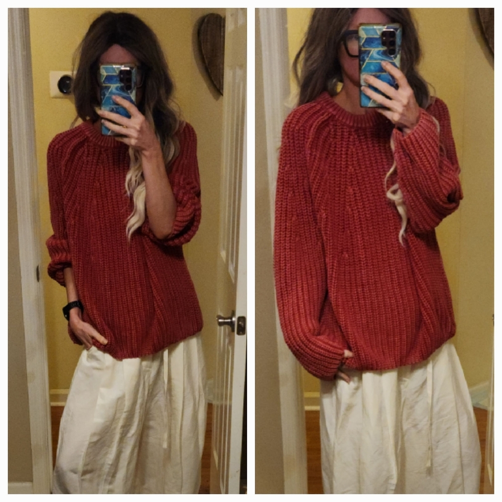 RARE COLOR Free People Cable Knit Take Me Home Sweater In Cherry Tomato